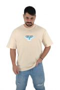 2512 Feed Kus Bird Ανδρική Μπλούζα Κοντομάνικη T-Shirt Με Τύπωμα Στο Στήθος Και Στη Πλάτη Σε Oversize Γραμμή Μπεζ