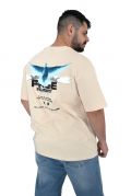 2512 Feed Kus Bird Ανδρική Μπλούζα Κοντομάνικη T-Shirt Με Τύπωμα Στο Στήθος Και Στη Πλάτη Oversize Γραμμή Μπεζ