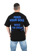 2512 Feed Your Soul Ανδρική Μπλούζα Κοντομάνικη T-Shirt Με Τύπωμα Στο Στήθος Και Στη Πλάτη Oversize Γραμμή Μαύρη