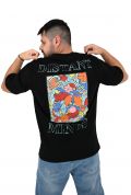 2512 Distand Minds Ανδρική Μπλούζα Κοντομάνικη T-Shirt Με Τύπωμα Στο Στήθος Και Στη Πλάτη Σε Oversize Γραμμή Μαύρη