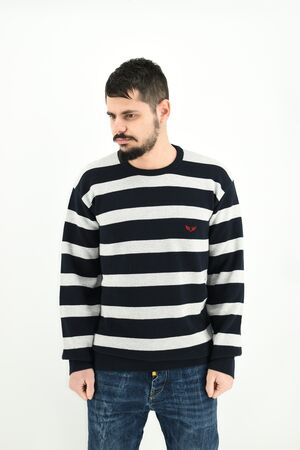 Side Effect CL05 Men's Blouse Striped Knitted O-Neck With Designer Knit Regular Line Blue-Gray