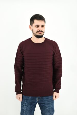 Yes Zee ME00 Men's Blouse Knitted O-Neck With Striped Knit Monochrome Slim Fit Bordeaux