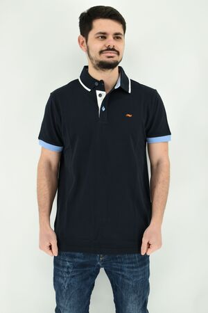 Be Board 12L9609 Men's Blouse Short Sleeve Polo Pique With Two Tones On The Sleeve Regular Straight Line Dark Blue