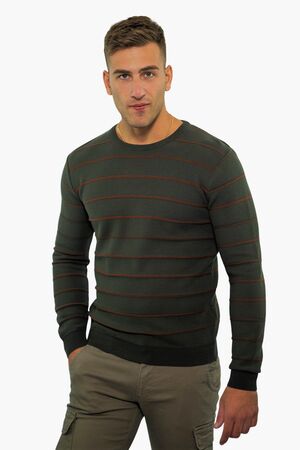 Side Effect RG2279 Men's Striped O Neck Knitted Sweater Top Khaki