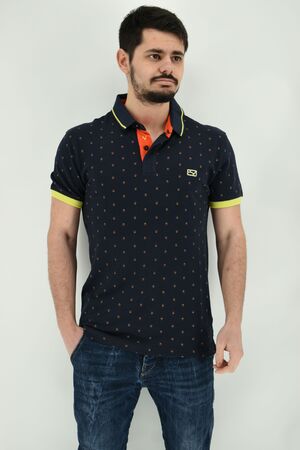 Yes Zee T709 / SH00 Men's Blouse Short Sleeve Polo Pique Small Design Slim Fit Dark Blue