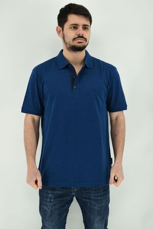 Side Effect 121 Men's Blouse Short Sleeve Polo Mercerized Monochrome Regular Straight Line Blue