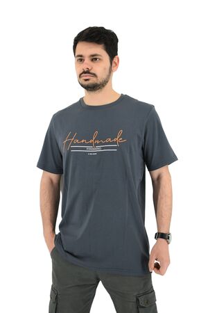 Real Brand 218 Ανδρική Μπλούζα Κοντομάνικη T-Shirt Με Ανάγλυφο Τύπωμα Σε Κανονική Γραμμή Γκρι