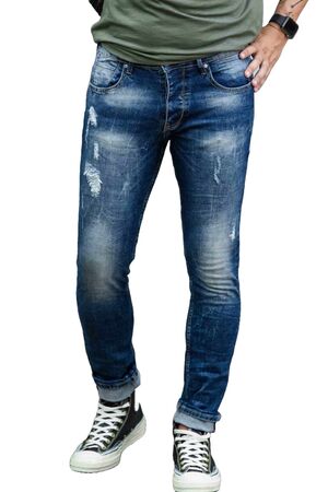 Profil 590 Ανδρικό Παντελόνι Jean Ελαστικό Με Ξέβαμμα Και Φθορές Σε Στενή Γραμμή Μπλε