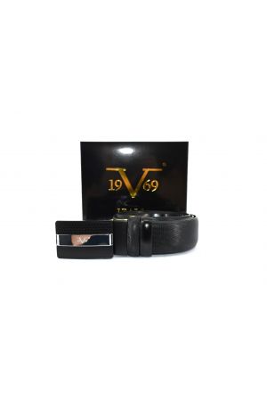 Versace 19V69 Ανδρική Δερμάτινη Ζώνη Διπλής Όψης Με Πλακέ Αγκράφα Μαύρη