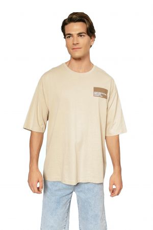 Edward Cleave Ανδρική Μπλούζα Κοντομάνικη T-Shirt Με Τύπωμα Σε Oversize Γραμμή Μπεζ