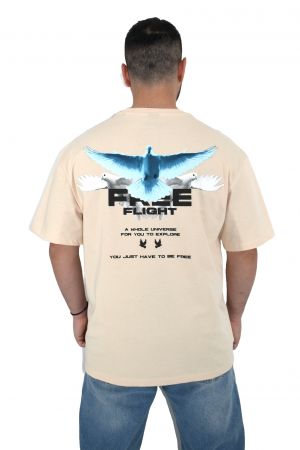 2512 Feed Kus Bird Ανδρική Μπλούζα Κοντομάνικη T-Shirt Με Τύπωμα Στο Στήθος Και Στη Πλάτη Σε Oversize Γραμμή Μπεζ
