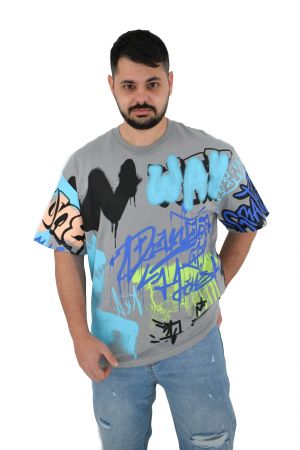 2512 Grafiti Ανδρική Μπλούζα Κοντομάνικη T-Shirt Με Τύπωμα Σε Oversize Γραμμή Γκρι