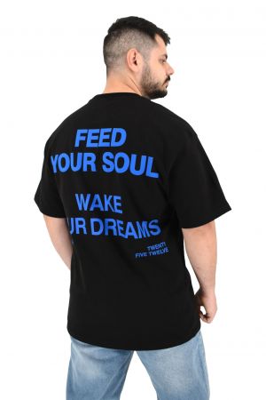 2512 Feed Your Soul Ανδρική Μπλούζα Κοντομάνικη T-Shirt Με Τύπωμα Στο Στήθος Και Στη Πλάτη Σε Oversize Γραμμή Μαύρη