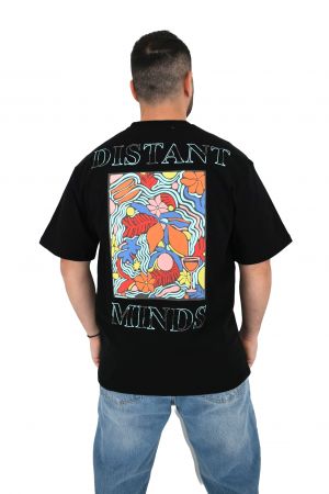 2512 Distand Minds Ανδρική Μπλούζα Κοντομάνικη T-Shirt Με Τύπωμα Στο Στήθος Και Στη Πλάτη Σε Oversize Γραμμή Μαύρη