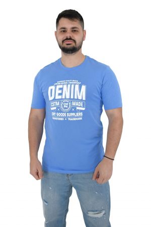 Pre End Atlas Ανδρική Μπλούζα Κοντομάνικη T-Shirt Με Τύπωμα Στο Στήθος Σε Κανονική Γραμμή Σιελ / Μπλε