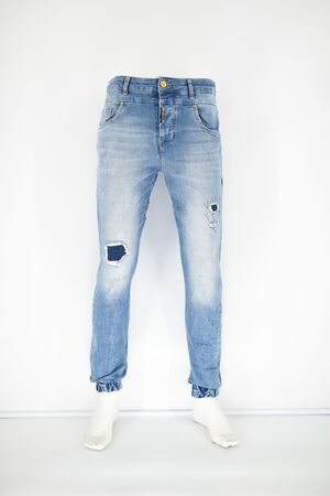 Profil 2015 Men's Pants Jean With Patches Slim Fit Blue