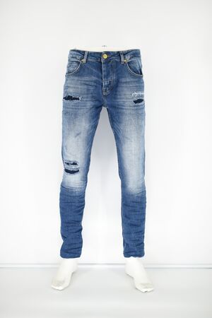 Profil 2089 Men's Pants Jean Washed Out With Patches Slim Fit Blue